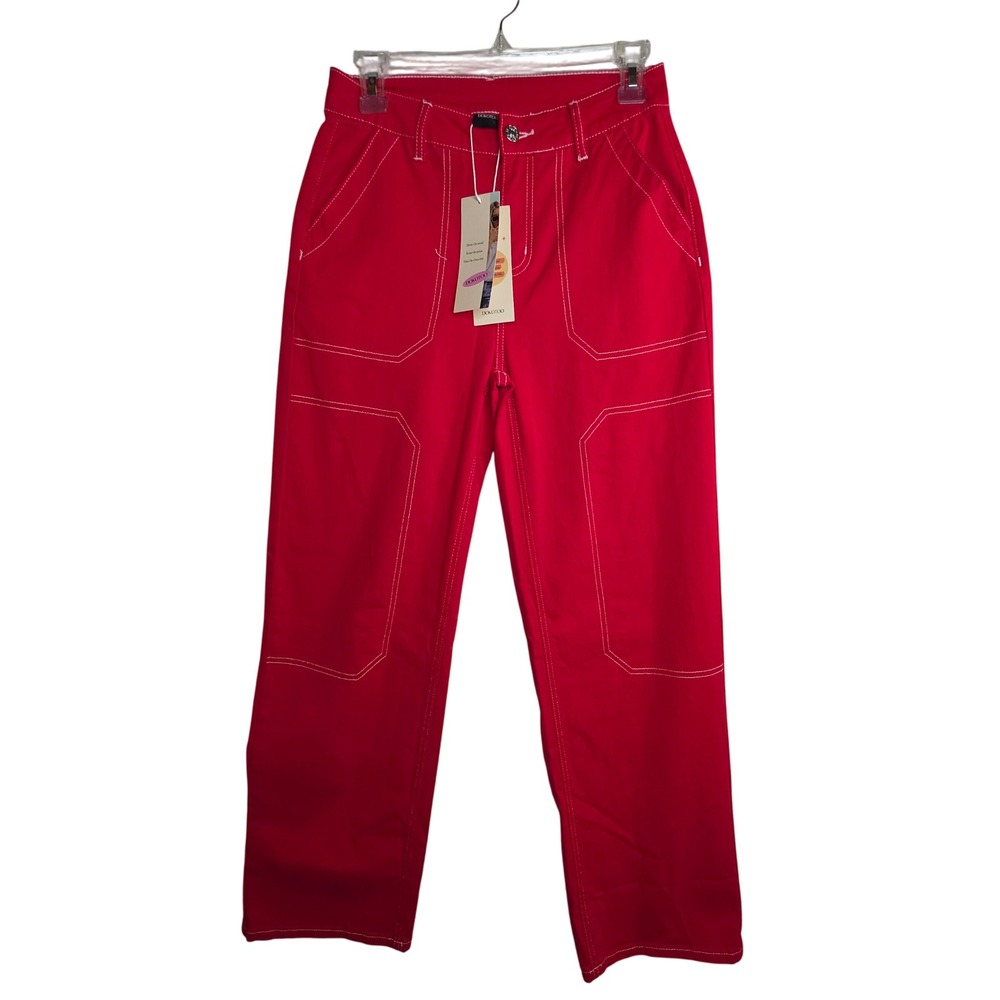Dokotoo NWT W's Sz4 Red Contrast Stitch Wide Leg Carpenter Pants Soft Artzy Rare